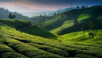 Fototapeta premium 新緑の茶畑が広がる丘陵地帯、奥行きを感じる自然風景