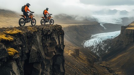 Adventurous Off-Road Riders on Mountain Cliff with Glacier View