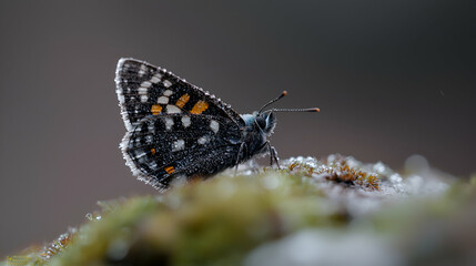 Obraz premium Frosted butterfly on moss, winter nature close-up