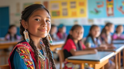 Smiling Girl in Colorful Traditional Dress in Classroom Environment