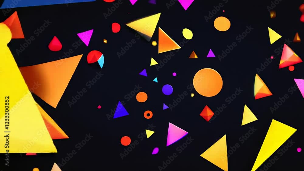 Poster abstract geometric shapes: vibrant triangles and circles dance across a deep black backdrop, creatin