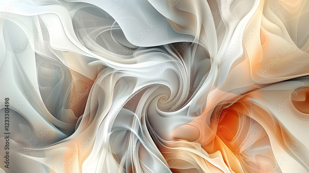 Poster abstract swirling patterns in soft hues of gray, white, and orange create a dynamic visual flow.