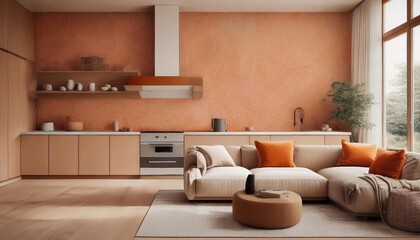 Modern Trendy Living Room Kitchen with Orange and Beige Wallpaper A Cozy and Chic Space Showcasing a Warm and Inviting Atmosphere, Perfect for Interior Design Inspiration.