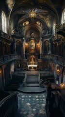 Ornate church interior, dark and grand