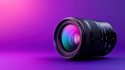 Vibrant camera lens with colorful reflections on a purple backdrop