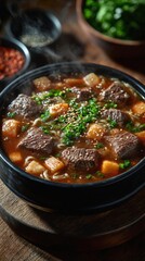 Warm Beef Stew with Noodles in Dark Bowl