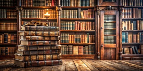 Obraz premium Stacked old books in a vintage library setting, vintage, library, education, knowledge, reading, literature, antique, retro, stacked