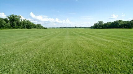 Fototapeta premium Striped lawn, summer day, trees, blue sky, landscape photography