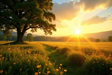 Obraz premium Golden hour light bathes a tranquil field, long shadows stretch , shot, colors