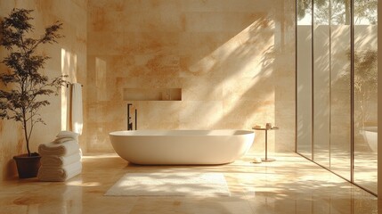 Modern bathroom with a white bathtub, plant, towels, and a rug under soft natural light