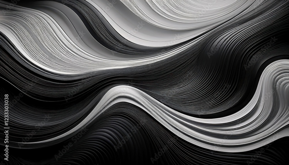 Poster striking monochromatic abstract design with wavy black lines and dynamic shading, emphasizing moveme