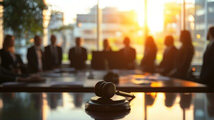 Judge gavel with Justice lawyers having team meeting at law firm in background. Concepts of law