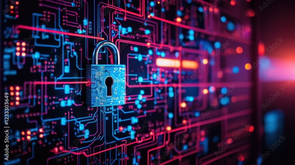 Poster radiant digital security lock encased in bright interlinked network circuits