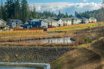 Neighborhood with a pond in Tehaleh Washington state.
