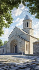 Ancient stone church under a blue sky