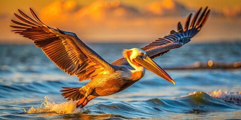 Brown Pelican in Flight Over Water - Stunning Food Photography of a Pelican Gliding Low, Wings Outstretched, Capturing the Beauty of Nature and Wildlife in Coastal Landscapes