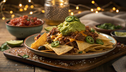 Loaded nachos with cheese, guacamole, and jalapeños