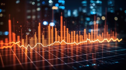 Radiant finance graphs against blurred cityscape at nighttime 
