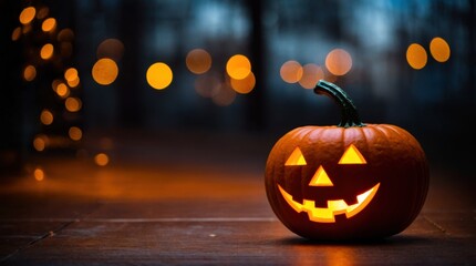 Radiant halloween pumpkin among fall leaves during twilight with bokeh 