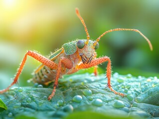 Close-up of a bright orange bug with green accents standing on a wet leaf