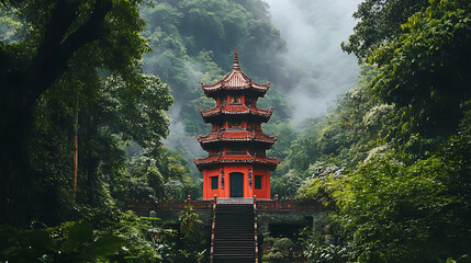 architecture showcasing a red pagoda surrounded by lush vegetation 