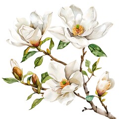 Obraz premium Watercolor White Magnolia Isolated on White Background. Beautiful Magnolia Flower