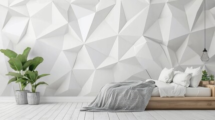 Modern Bedroom Design Featuring Geometric Wall and Wooden Bed