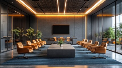 Fototapeta premium Modern meeting room with leather chairs, a large screen, and plants.