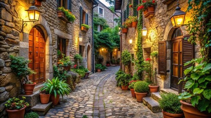 Fototapeta premium Charming European Cobblestone Alley with Historic Architecture, Potted Plants, and Lanterns - Quaint Narrow Street Surrounded by Rustic Old Buildings and Vines