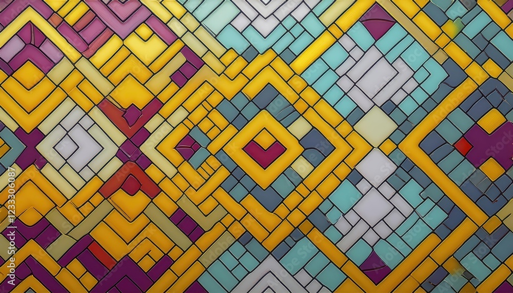 Poster geometric mosaic vivid tiles forming intricate patterns in a geometric shape, showcasing artistic sy