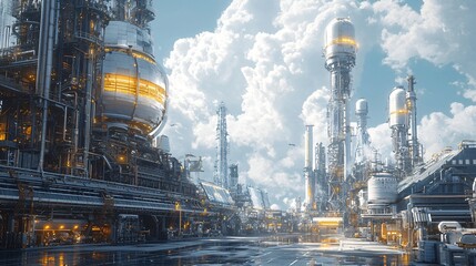 Futuristic factory cityscape, cloudy sky, industrial production