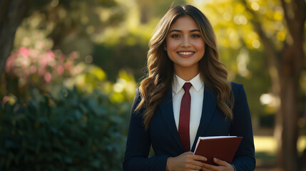 Fototapeta premium Young teenage girl, female, in uniform, wearing blue blazer, white shirt and red tie, carrying a book, blurred background