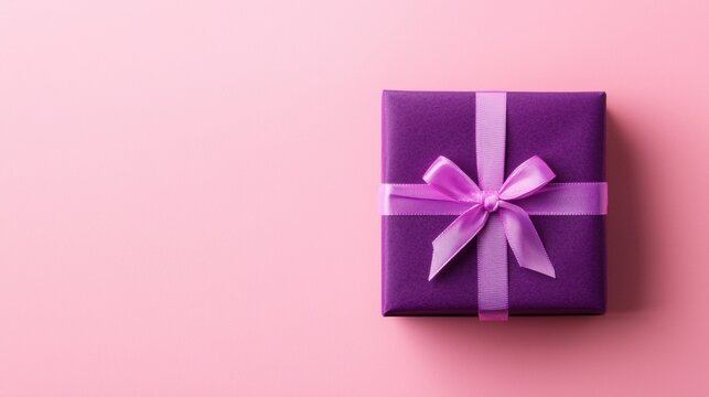 Elegant purple gift box with ribbon on pink background