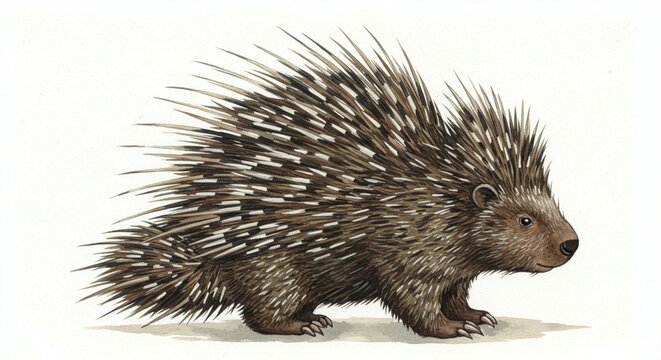 Detailed Watercolor Painting of a North American Porcupine Close Up View of Spines and Fur