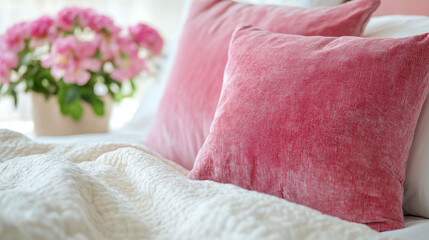 Close-up of the bedroom, decorated with pink cushions and flowers