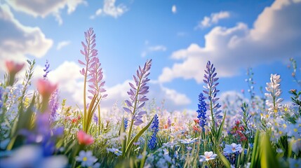 A vibrant meadow scene with blooming wildflowers under a bright sunny sky full of clouds © uswatun