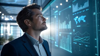 Businessman Analyzing Data on Digital Interface in Modern Office
