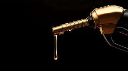 Elegant golden fuel nozzle dripping oil against a black background