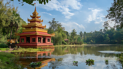 Naklejka premium site with a red and gold pagoda overlooking a tranquil pond 