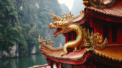 Fototapeta premium of a red temple with golden dragons and a lush natural backdrop 