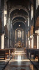 Obraz premium Sunlit church nave, serene and grand.