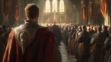 king stands in front of a crowd of people in a church