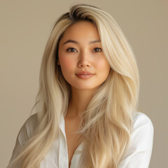 Portrait of a young woman with long blonde hair in a neutral indoor setting soft lighting close-up photography evoking elegance and confidence