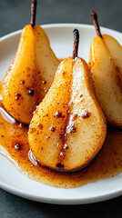 Baked pears with cinnamon and sugar glaze, served on a white plate with soft natural lighting and minimalist food styling
