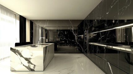 Kitchen interior with white and black marble walls