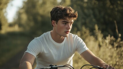 Obraz premium Young man in white shirt cycling through countryside