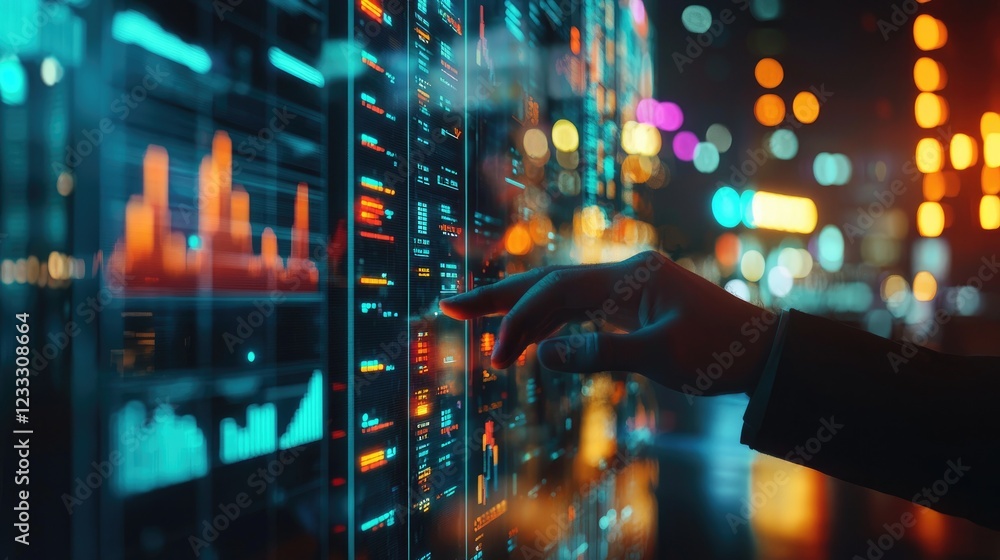 Poster futuristic data visualization with a hand interacting with a holographic interface in a vibrant city