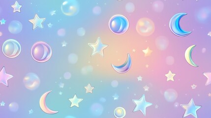 Seamless pattern of stars, moons, and bubbles on pastel background