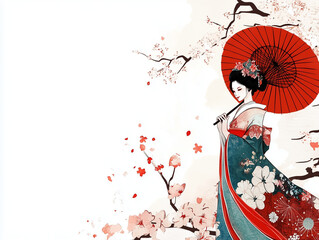 Elegant Woman in Traditional Kimono with Umbrella