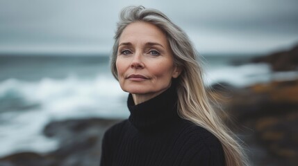 Middle-aged woman in black sweater on rocky beach